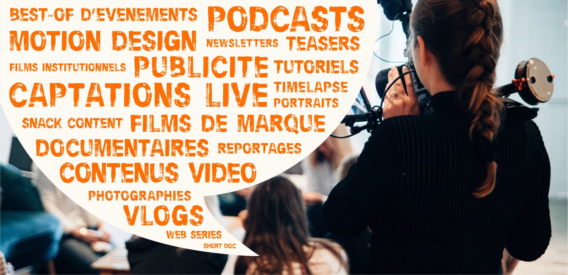 Bannière The French Studio avec bulles et mots relatifs à l'univers du film making et du branding
